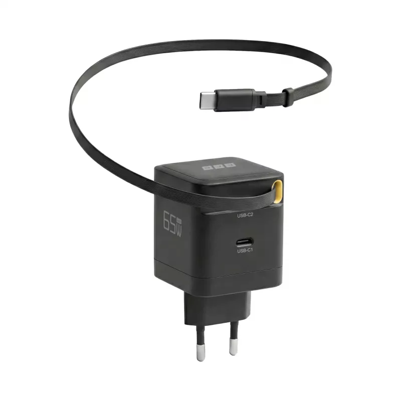 EFB Elektronik G652CE 65W GaN USB-C PD 3.0 sieninis įkroviklis su įtraukiamu kabeliu, juodas
