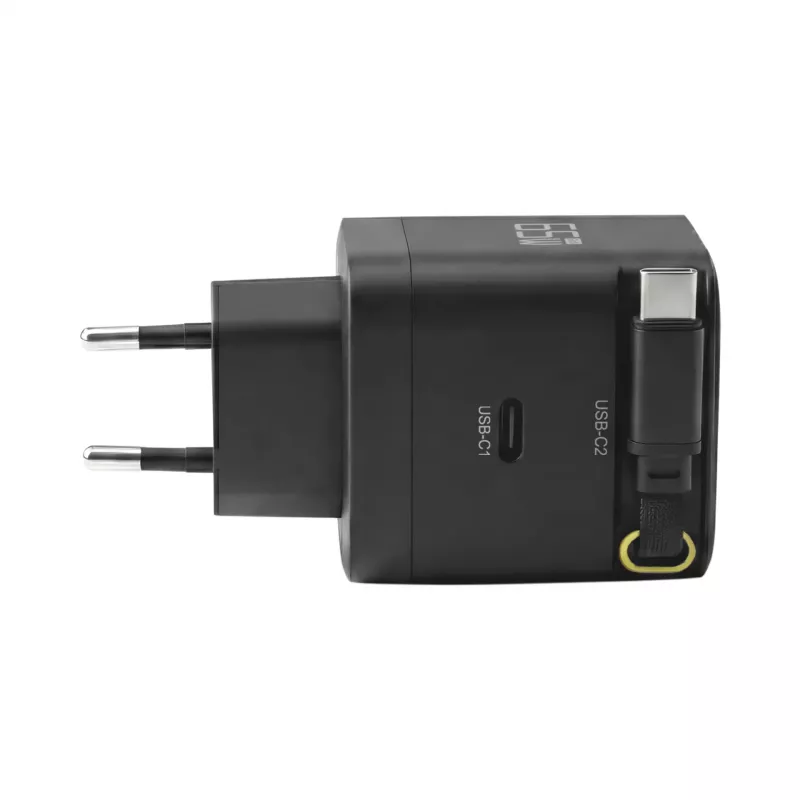 EFB Elektronik G652CE 65W GaN USB-C PD 3.0 sieninis įkroviklis su įtraukiamu kabeliu, juodas