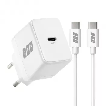 EFB Elektronik G201CE 20W USB-C GaN sieninis įkroviklis su 2 m USB-C kabeliu, PD3.0 ir QC3.0, baltas