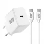 EFB Elektronik G201CE 20W USB-C GaN sieninis įkroviklis su 2 m USB-C kabeliu, PD3.0 ir QC3.0, baltas