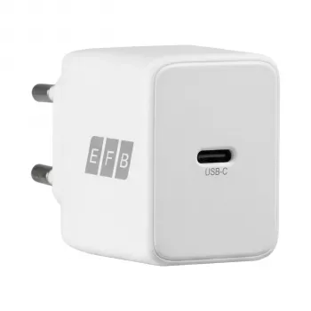 EFB Elektronik G201CE 20W USB-C GaN sieninis įkroviklis su 2 m USB-C kabeliu, PD3.0 ir QC3.0, baltas