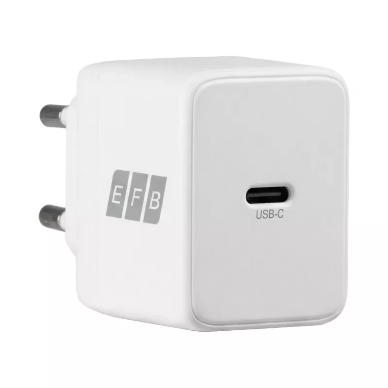 EFB Elektronik G201CE 20W USB-C GaN sieninis įkroviklis su 2 m USB-C kabeliu, PD3.0 ir QC3.0, baltas