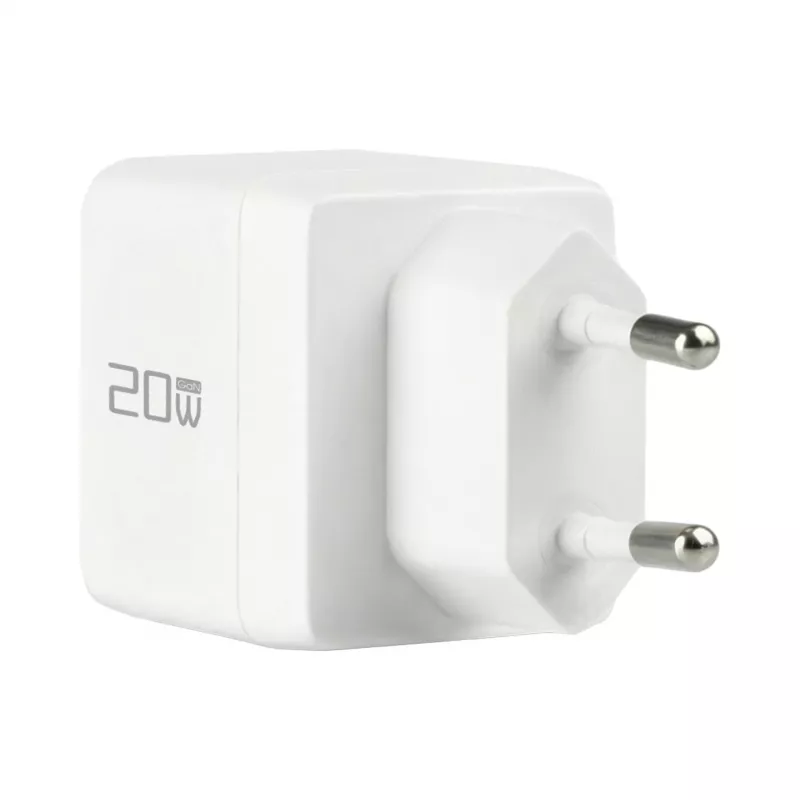 EFB Elektronik G201CE 20W USB-C GaN sieninis įkroviklis su 2 m USB-C kabeliu, PD3.0 ir QC3.0, baltas