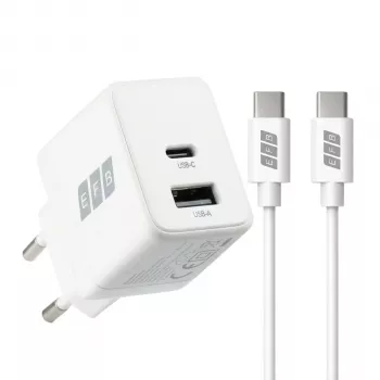 EFB Elektronik G201A1CE 20W GaN USB-C PD3.0 + USB-A QC3.0 sieninis įkroviklis su 2 m USB-C kabeliu, baltas