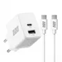 EFB Elektronik G201A1CE 20W GaN USB-C PD3.0 + USB-A QC3.0 sieninis įkroviklis su 2 m USB-C kabeliu, baltas