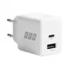 EFB Elektronik G201A1CE 20W GaN USB-C PD3.0 + USB-A QC3.0 sieninis įkroviklis su 2 m USB-C kabeliu, baltas