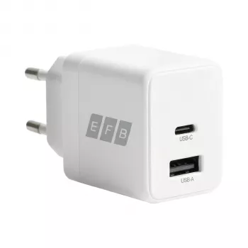 EFB Elektronik G201A1CE 20W GaN USB-C PD3.0 + USB-A QC3.0 sieninis įkroviklis su 2 m USB-C kabeliu, baltas