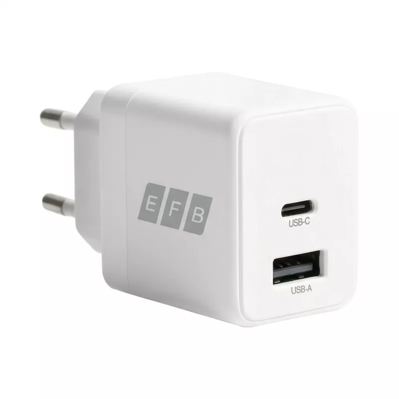 EFB Elektronik G201A1CE 20W GaN USB-C PD3.0 + USB-A QC3.0 sieninis įkroviklis su 2 m USB-C kabeliu, baltas