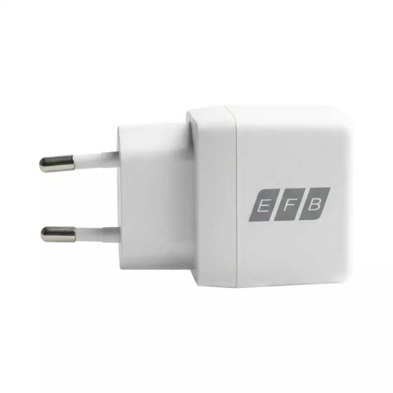 EFB Elektronik G201A1CE 20W GaN USB-C PD3.0 + USB-A QC3.0 sieninis įkroviklis su 2 m USB-C kabeliu, baltas
