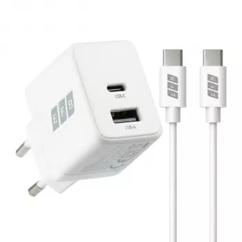 EFB Elektronik G301A1CE 30W GaN USB-C PD3.0 + USB-A QC3.0 sieninis įkroviklis su 2 m USB-C kabeliu, baltas