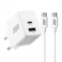 EFB Elektronik G301A1CE 30W GaN USB-C PD3.0 + USB-A QC3.0 sieninis įkroviklis su 2 m USB-C kabeliu, baltas