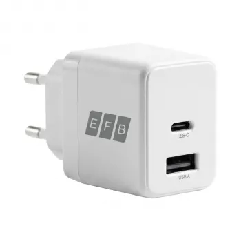 EFB Elektronik G301A1CE 30W GaN USB-C PD3.0 + USB-A QC3.0 sieninis įkroviklis su 2 m USB-C kabeliu, baltas