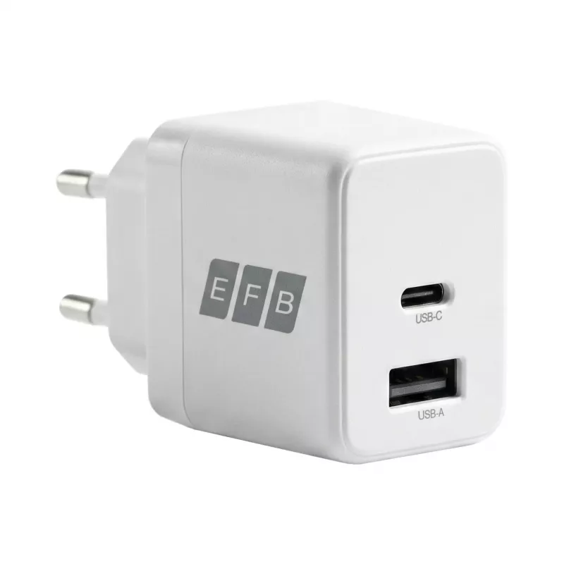 EFB Elektronik G301A1CE 30W GaN USB-C PD3.0 + USB-A QC3.0 sieninis įkroviklis su 2 m USB-C kabeliu, baltas