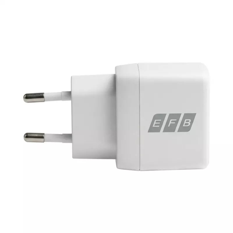 EFB Elektronik G301A1CE 30W GaN USB-C PD3.0 + USB-A QC3.0 sieninis įkroviklis su 2 m USB-C kabeliu, baltas