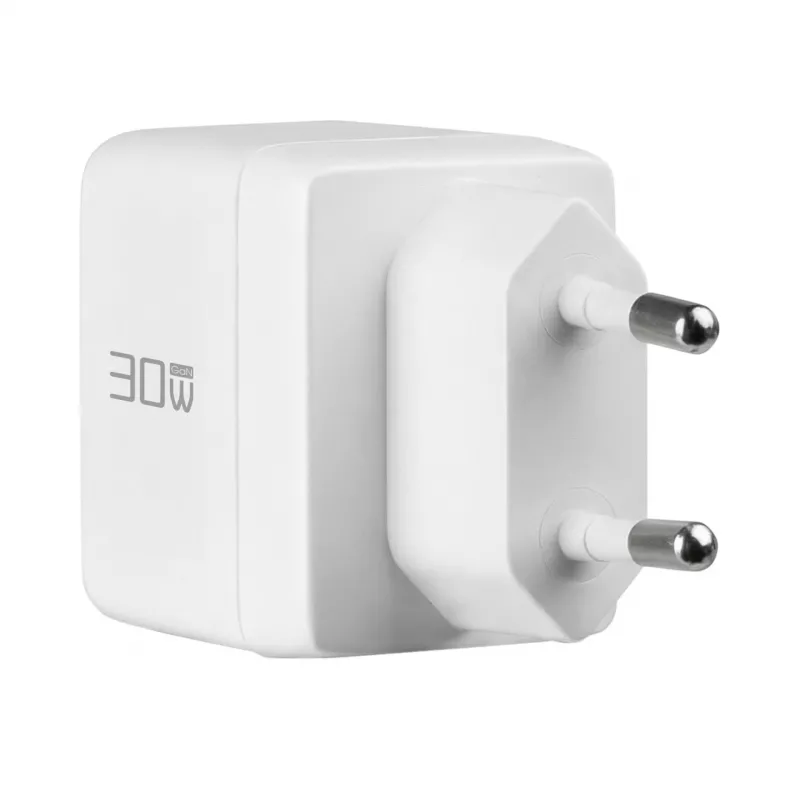 EFB Elektronik G301A1CE 30W GaN USB-C PD3.0 + USB-A QC3.0 sieninis įkroviklis su 2 m USB-C kabeliu, baltas