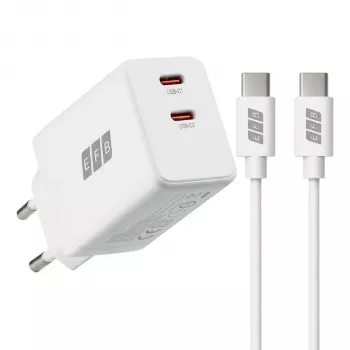 EFB Elektronik G452CE 45W dviejų USB-C GaN sieninis įkroviklis su 2 m USB-C kabeliu, baltas