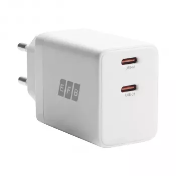 EFB Elektronik G452CE 45W dviejų USB-C GaN sieninis įkroviklis su 2 m USB-C kabeliu, baltas