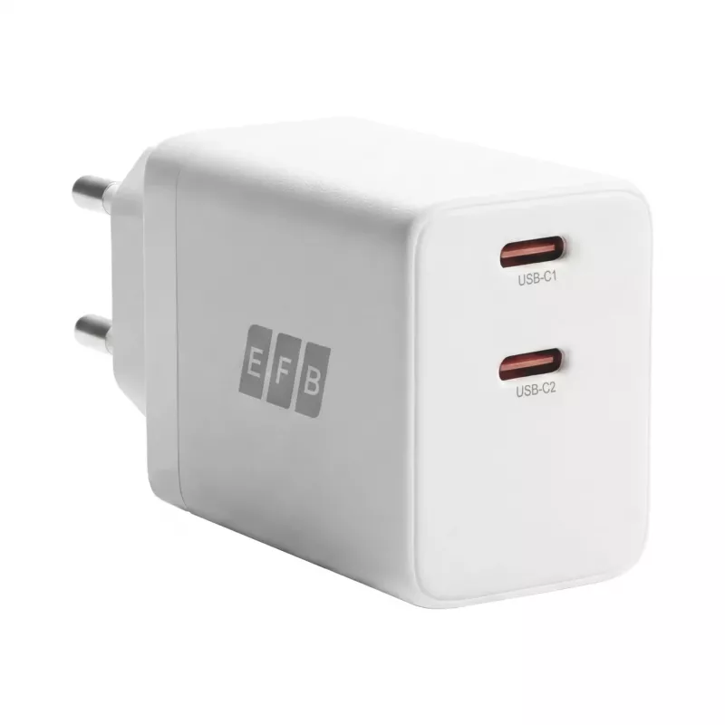 EFB Elektronik G452CE 45W dviejų USB-C GaN sieninis įkroviklis su 2 m USB-C kabeliu, baltas