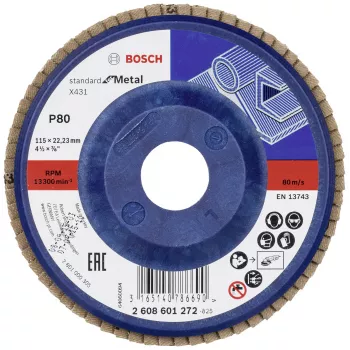 Bosch X431 Standard metalinis lapų šlifavimo diskas, 115 mm, cirkonio aliuminio oksidas, P60 grūdėtumas, 22,23 mm kiaurymė 2608601272