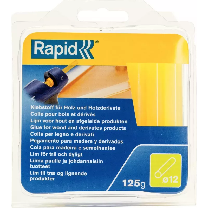 RAPID TOOLS 40107360 karšto lydalo klijų lazdelė medienai, popieriui, kartonui, 12 mm skersmens, trumpa, gelsva, 1 vnt.
