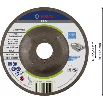 Bosch Accessories 2608600539 įleistos centrinės šlifavimo diskas 115 mm x 22,23 mm, aliuminio oksidas, grūdėtumas 24, 1 vnt.
