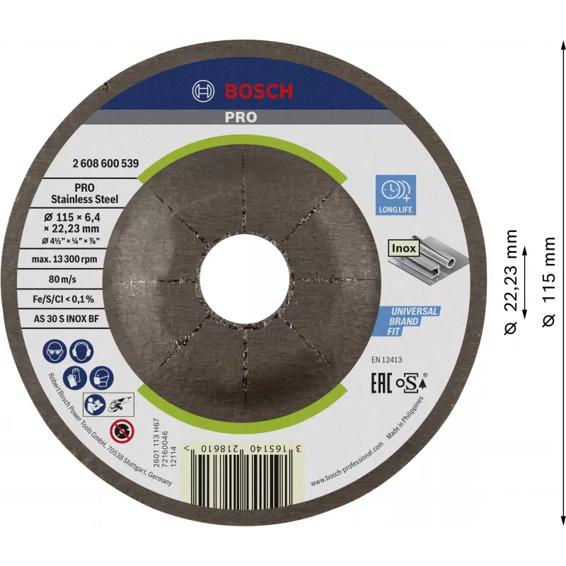 Bosch Accessories 2608600539 įleistos centrinės šlifavimo diskas 115 mm x 22,23 mm, aliuminio oksidas, grūdėtumas 24, 1 vnt.
