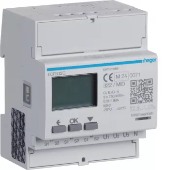 Hager ECP302C trifazis energijos skaitiklis su 1A arba 5A srovės transformatoriais, 4 modulių DIN bėgelis, S0 impulso išėjimas