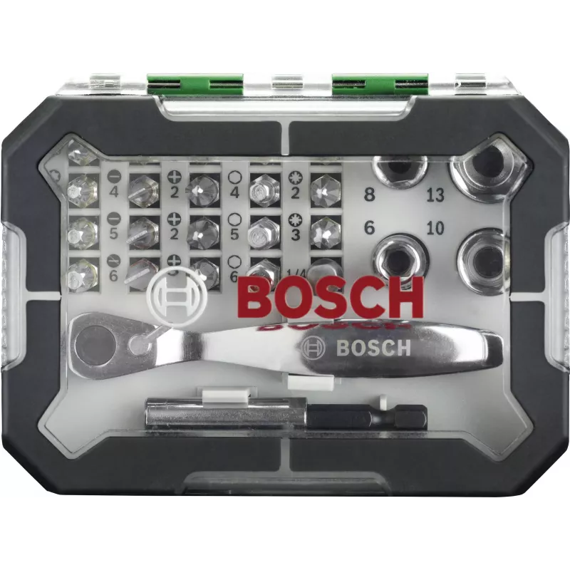Bosch Accessories Promoline 2607017392 27 dalių atsuktuvų antgalių rinkinys su plokščiais, Phillips, Pozidriv, šešiakampiais ir Torx antgaliais, dėkle