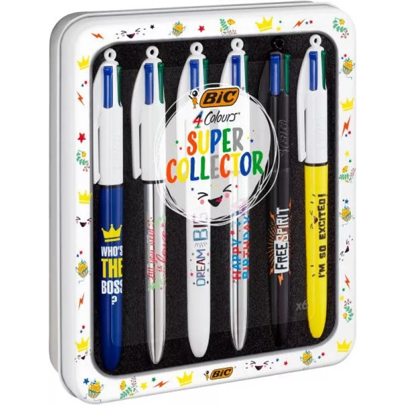 BIC 4 Colours tušinukas, 6 vienetų paketas, mėlynas korpusas, 4 rašalo spalvos (mėlyna, raudona, žalia, juoda), 1,0 mm vidutinis smaigas 9926071