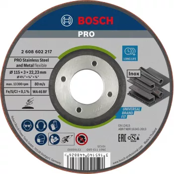 Bosch šlifavimo diskas WA 46 BF pusiau lankstus, 115 mm x 22,23 mm x 3 mm, baltojo aliuminio oksidas, šlifavimo diskas su įdubimu, 2608602217