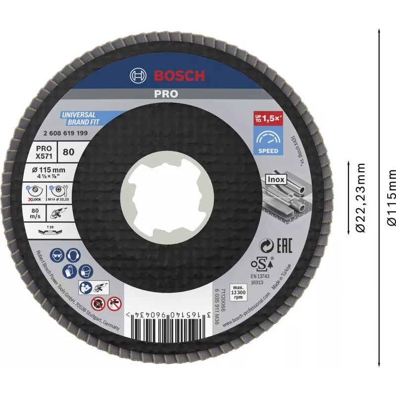 Bosch Accessories 2608619199 X-LOCK atsparusis šlifavimo diskas 115 mm, grūdėtumas 80, cirkonio aliuminio oksidas, kūginis Type 29, metalui, 1 vnt.