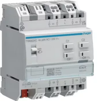 Hager TYAS624C KNX Secure 4 kanalų roletų/žaliuzių pavara, 230 V AC, DIN bėgelis