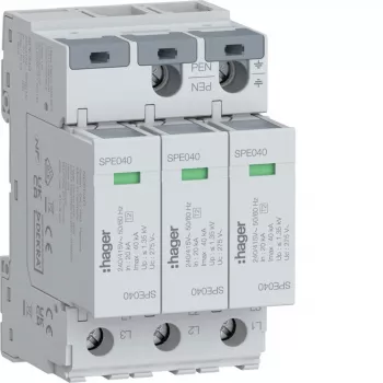 Hager SPE340 2 tipo viršįtampių apsaugos įtaisas, 3 polų, TNS/TT, 275V, 20kA, 40kA Imax