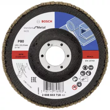Bosch X431 standartinis žiedinis šlifavimo diskas metalui, tiesus, 125 mm, grūdėtumas 80, stiklo pluošto pagrindas 2608603718
