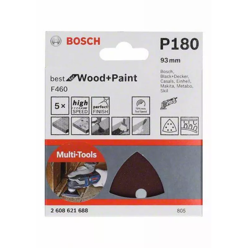 Bosch 2608621688 Delta šlifavimo popierius, grūdėtumas 180, 93 mm, 5 vnt.
