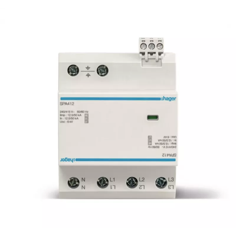 HAGER SPA412 kombinuotasis viršįtampių ribotuvas Type 1+2+3, 12.5kA, TNS/TT, 4 polių, 230/400V