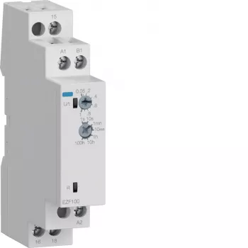 Hager EZF100 daugiafunkcė laiko relė, 230 V AC, 8 funkcijos, 0,1 s–10 h, 1 CO kontaktas, DIN bėgelis