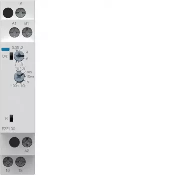 Hager EZF100 daugiafunkcė laiko relė, 230 V AC, 8 funkcijos, 0,1 s–10 h, 1 CO kontaktas, DIN bėgelis