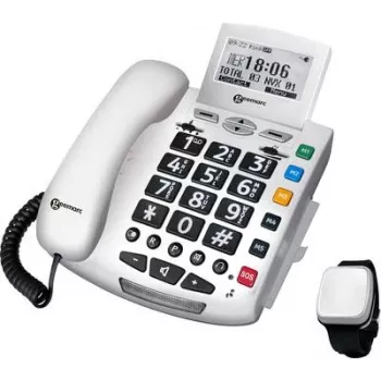Geemarc Pack SERENTIES laidinis telefonas vyresnio amžiaus žmonėms su kritimo aptikimo pakabuku, apšviestu ekranu, baltas