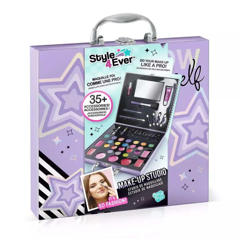 Canal Toys Make-Up Studio (OFG313) - vaikams saugus kosmetikos rinkinys su 10 akių šešėliais, 6 lūpų blizgiais, 2 skaistalais, aplikatoriais, šepetėliais ir sulankstomu veidrodėlio dėklu