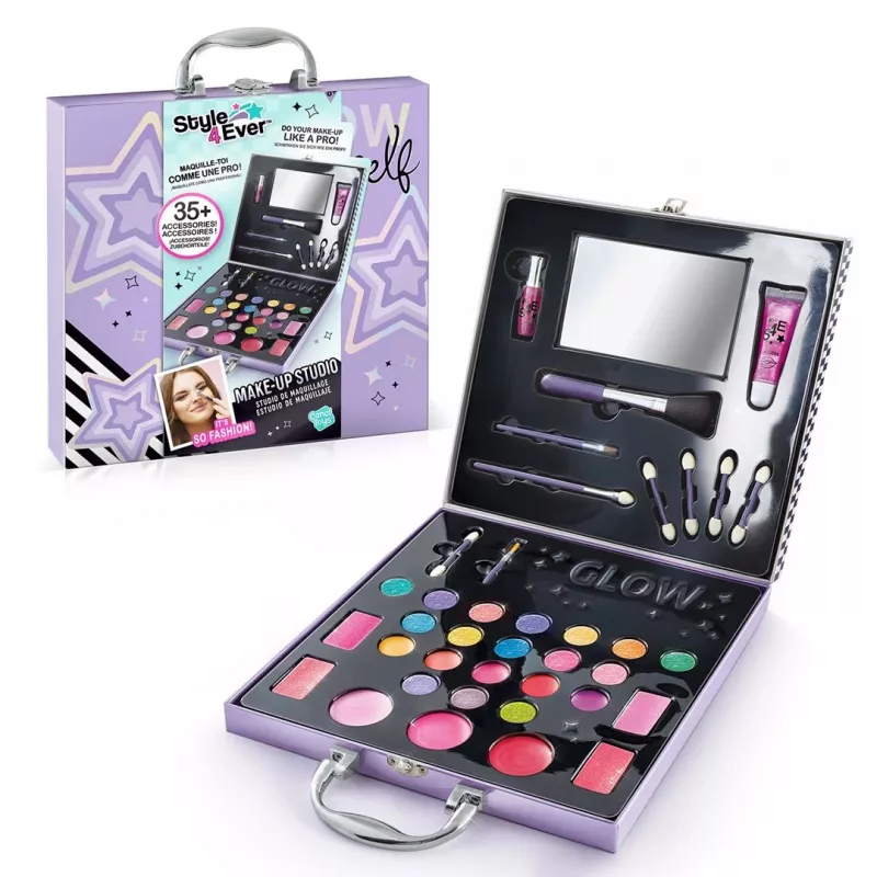 Canal Toys Make-Up Studio (OFG313) - vaikams saugus kosmetikos rinkinys su 10 akių šešėliais, 6 lūpų blizgiais, 2 skaistalais, aplikatoriais, šepetėliais ir sulankstomu veidrodėlio dėklu