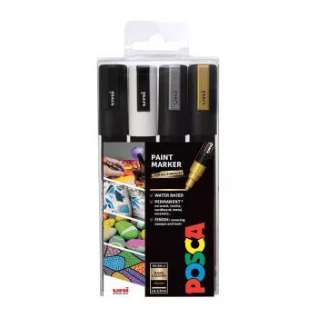 Uni-Ball Faber-Castell POSCA PC-5M Metallic akriliniai dažų markeriai, 4 spalvos, vidutinis apvalus antgalis 1,8–2,5 mm 182544