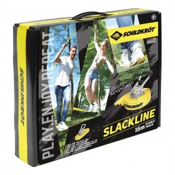SCHILDKRÖT Slackline rinkinys 15 m, geltonas, 50 mm pločio su fiksavimo mechanizmu – pusiausvyros treniravimo komplektas 970701