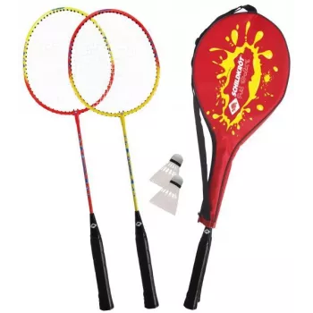 SCHILDKROT badmintono rinkinys 2 žaidėjams, raudonos/geltonos spalvos, grūdinto plieno raketės, mėgėjų lygio, 970902