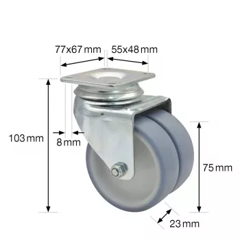 Wagner design yourself ECO RO 1577 pilkas dvigubas pasukamasis ratukas, 50 mm ratas, 50 kg apkrova, plokštelinis tvirtinimas 3157701