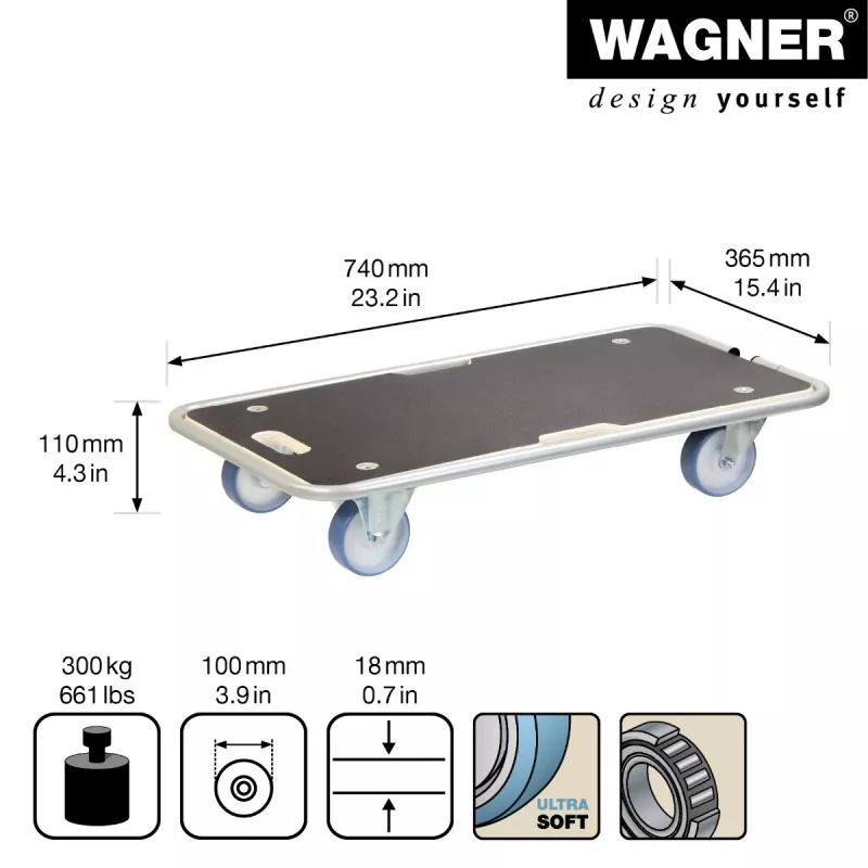 Wagner design yourself Transport Roller MM 1345 rudas 36,5 x 74,0 x 14,5 cm, iki 300 kg (20134501)