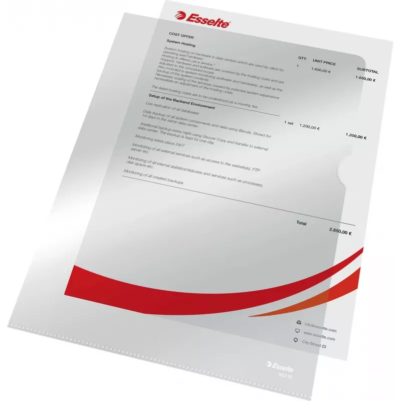 LEITZ Esselte Standard Plus A4 perforuoti kišenėlės, 100 vnt., permatomos, polipropilenas 56218
