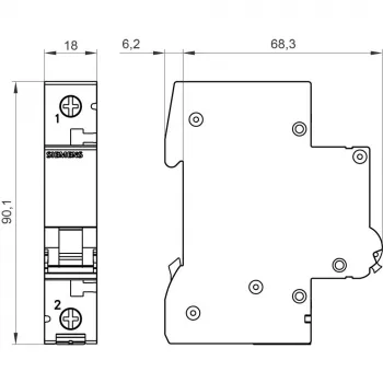 Siemens 5SL61026 SENTRON 5SL automatinis jungiklis, 1 polių, 2 A, C charakteristikos, 6 kA, 230/400 V AC, DIN bėgiui, 1 modulio plotis