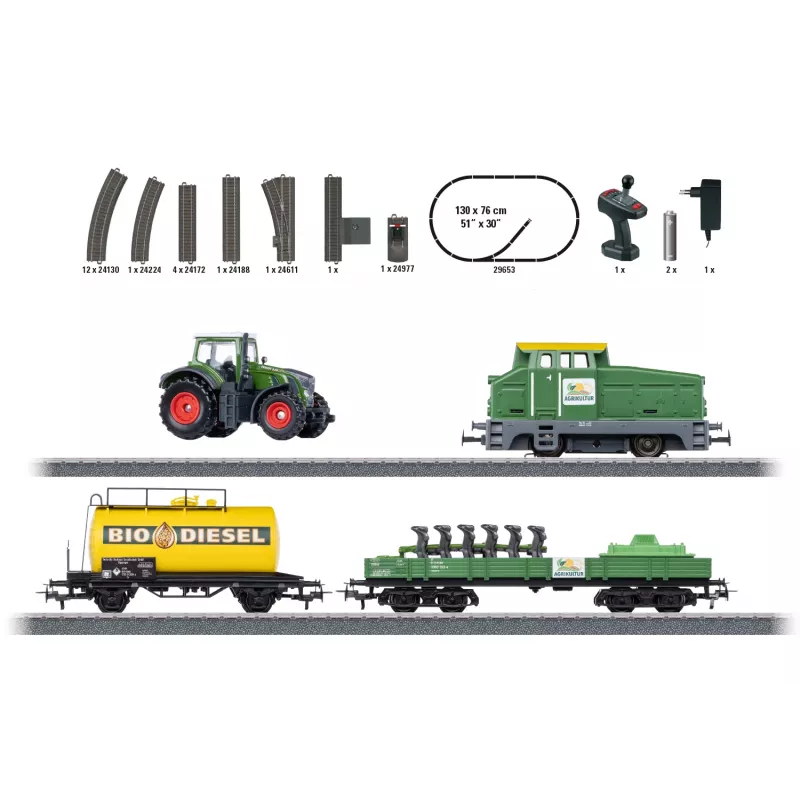 Märklin 29653 H0 pradinis rinkinys Agriculture – skaitmeninis garvežys BR 81 su mfx+ garsu, Mobile Station 3, C-Track ovalas, vagonai su traktoriumi ir šieno rulonais