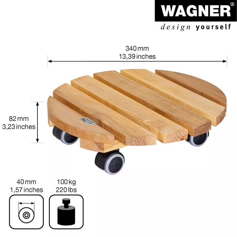 WAGNER Multiroller ERLE soft rund Ø34cm augalų vežimėlis, masyvo alksnio mediena, 100 kg, 3 pasukamosios ratukės, apsaugantis grindis 20026201